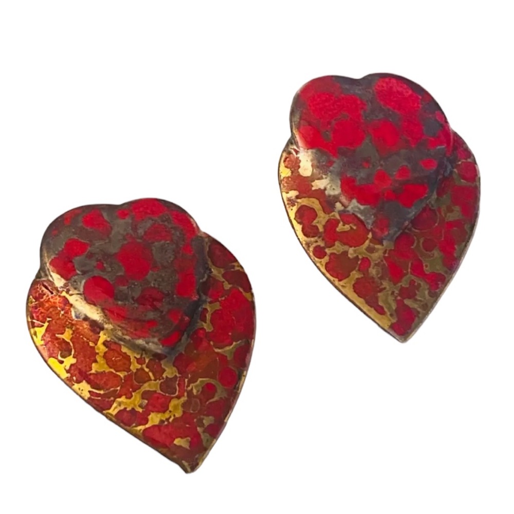 Earrings Heart Statement Drop Ceramic Red Gold VTG l